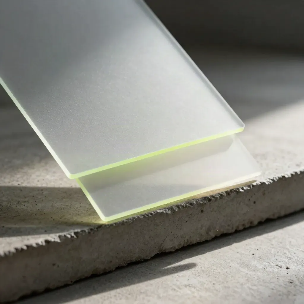 Macro of frosted ad sleeves, matte divider and translucent overlay on concrete with neon-lime edge light