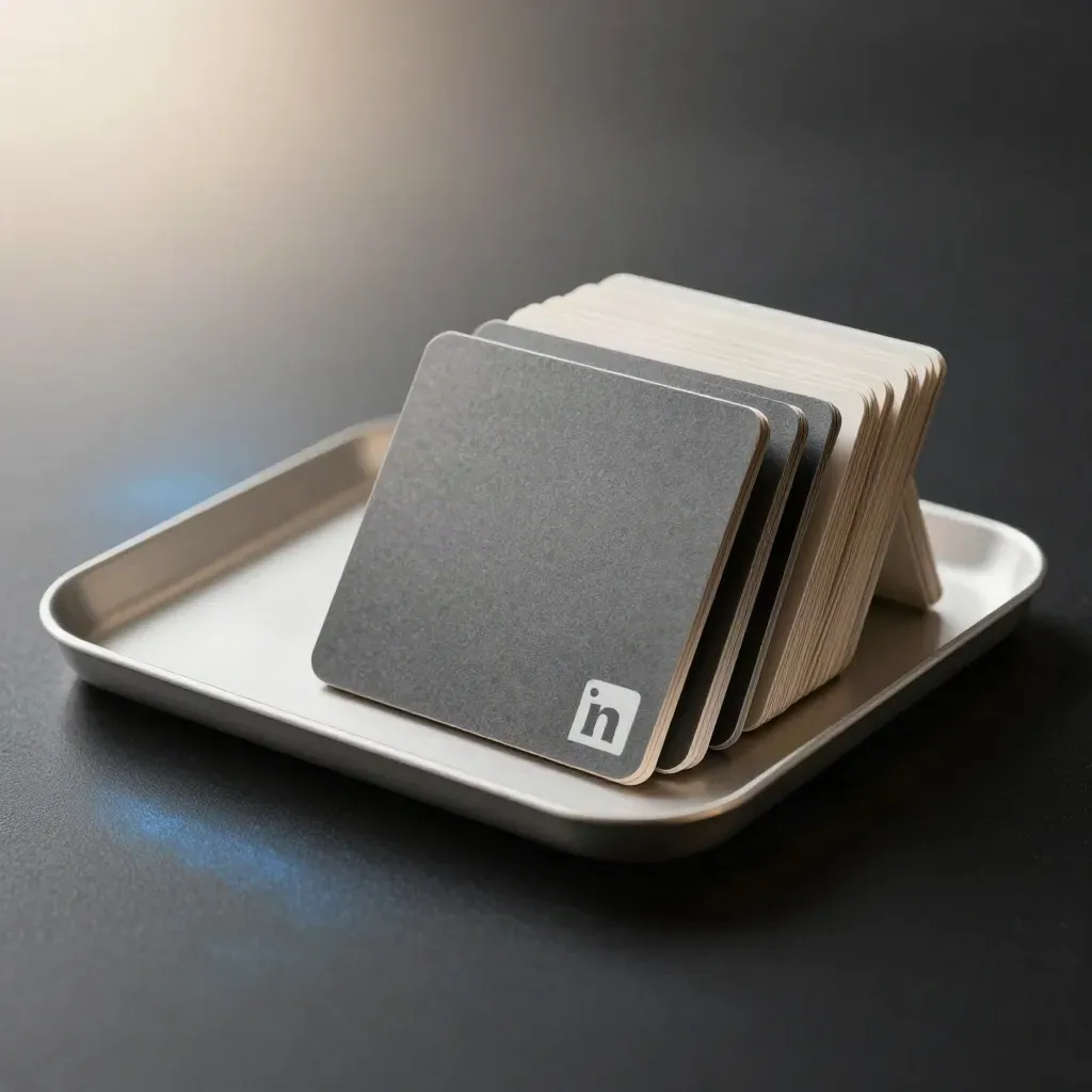 Dark studio product shot of fanned LinkedIn ad tiles on a metal tray with blue rim light