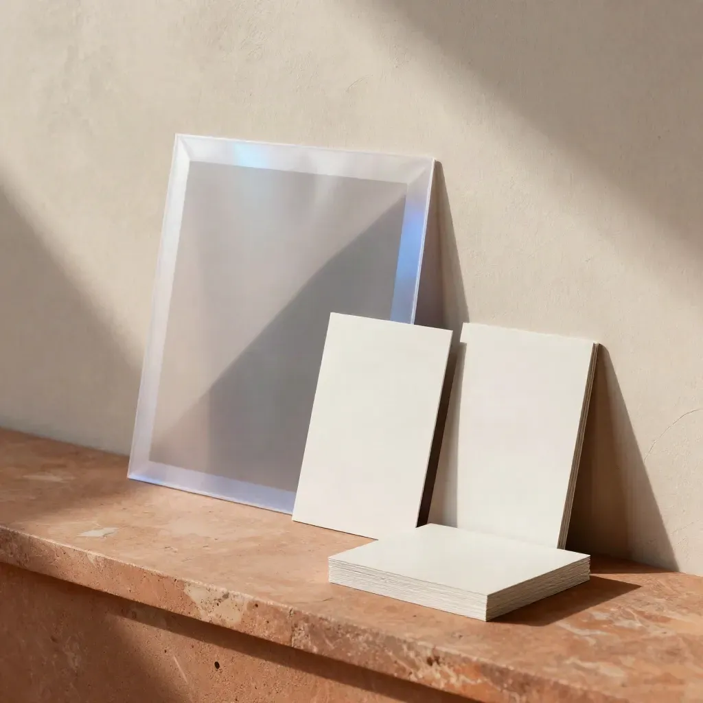 Upright promo kit mockups in a translucent sleeve beside a softly lit wall