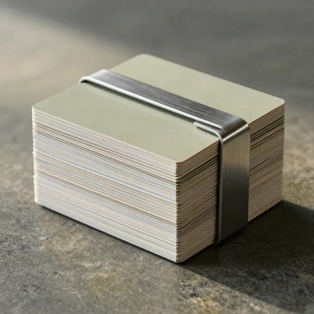 Macro stack of six ad boards with brushed metal separator on a khaki surface.