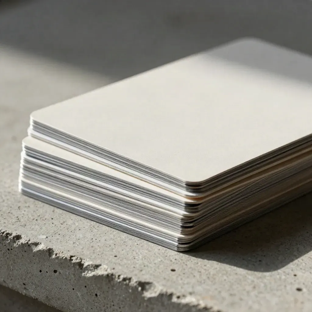 Five matte offer cards stacked on stone with a brushed edge band and proof strip