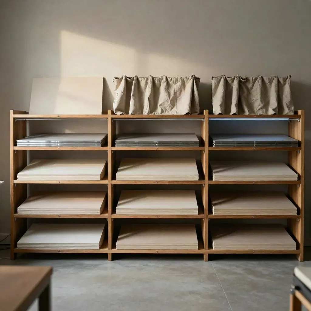 Quiet studio interior with oak shelves, linen drape, and soft late-afternoon light.